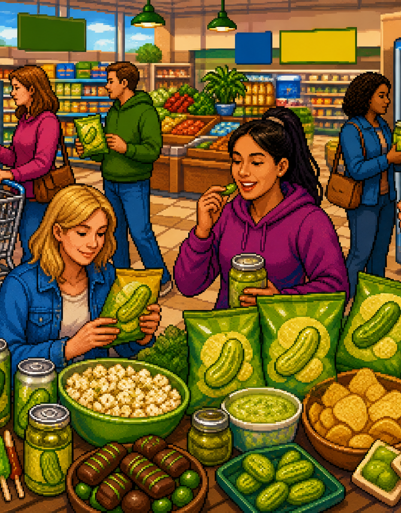 Various pickle-flavored food and beverage products, including chips, seltzer, and popcorn, on a vibrant green background.