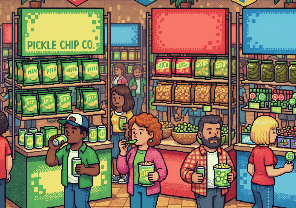 Various pickle-flavored food and beverage products, including chips, seltzer, and popcorn, on a vibrant green background.