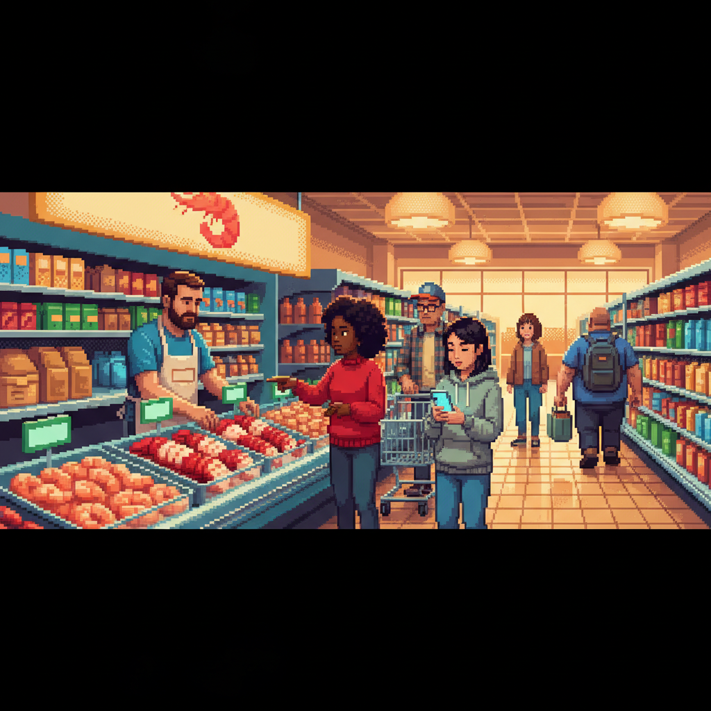 A bustling modern grocery store seafood department where a diverse crowd of shoppers examines vibrant pink plant-based shrimp and crab legs displayed on ice next to traditional catches.
