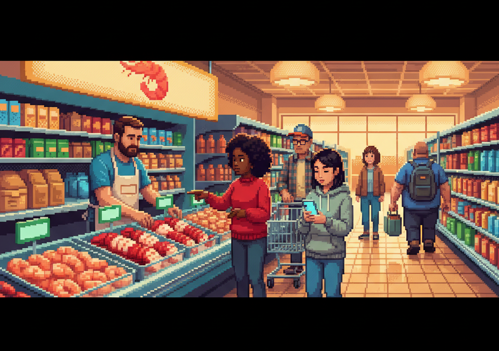 A bustling modern grocery store seafood department where a diverse crowd of shoppers examines vibrant pink plant-based shrimp and crab legs displayed on ice next to traditional catches.