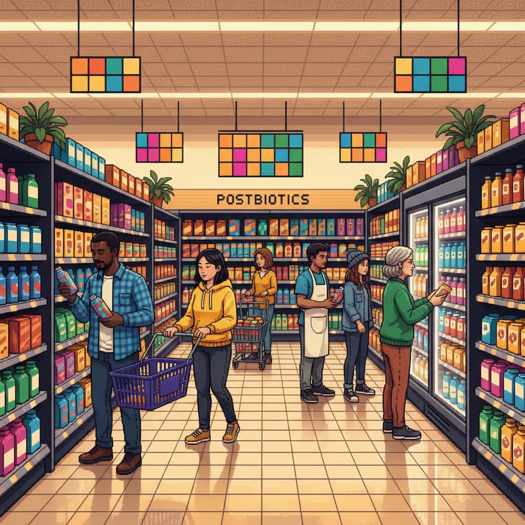 A diverse group of young professionals and fitness enthusiasts in a bright, modern minimalist office pantry, selecting sleekly designed functional beverage cans and protein bars from wooden shelves, while chatting and laughing in natural sunlight.