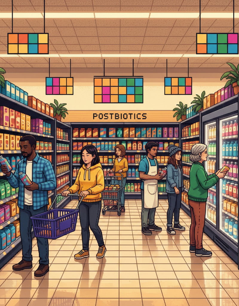 A diverse group of young professionals and fitness enthusiasts in a bright, modern minimalist office pantry, selecting sleekly designed functional beverage cans and protein bars from wooden shelves, while chatting and laughing in natural sunlight.