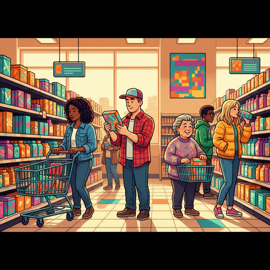 A diverse group of young professionals and fitness enthusiasts in a bright, modern minimalist office pantry, selecting sleekly designed functional beverage cans and protein bars from wooden shelves, while chatting and laughing in natural sunlight.