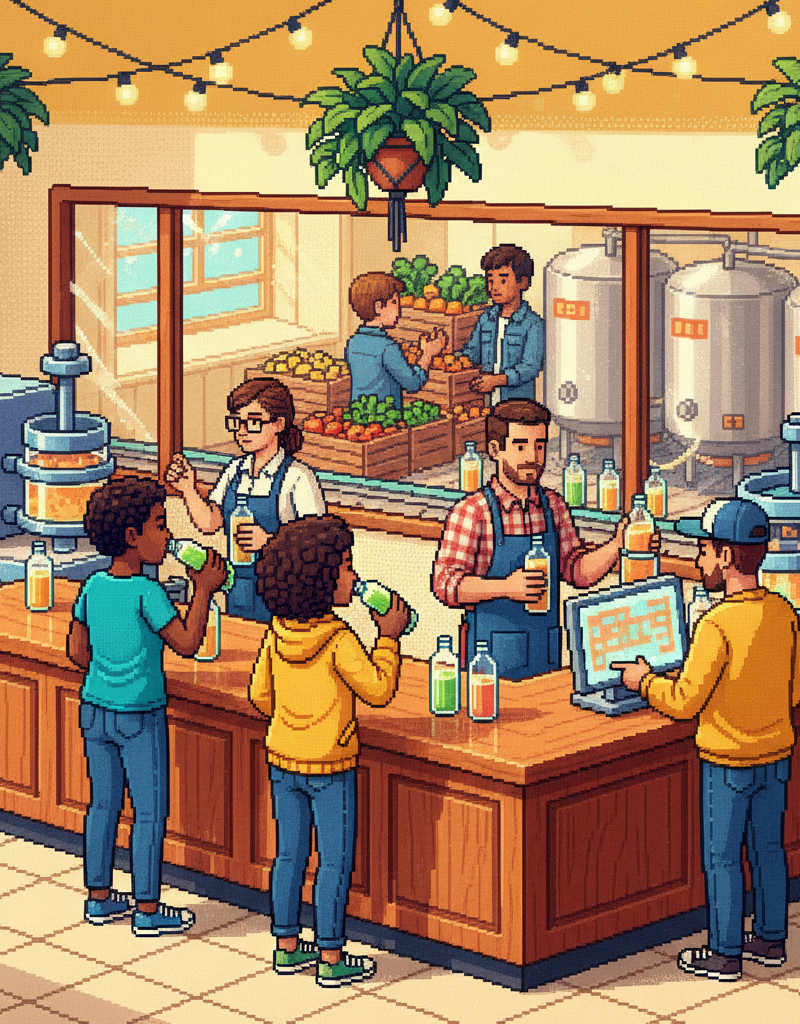A clean, brightly lit modern grocery aisle where diverse shoppers in casual linen and denim clothing are examining vibrant, colorful glass bottles of cold-pressed juice; the atmosphere is airy and high-end, focusing on fresh premium produce.