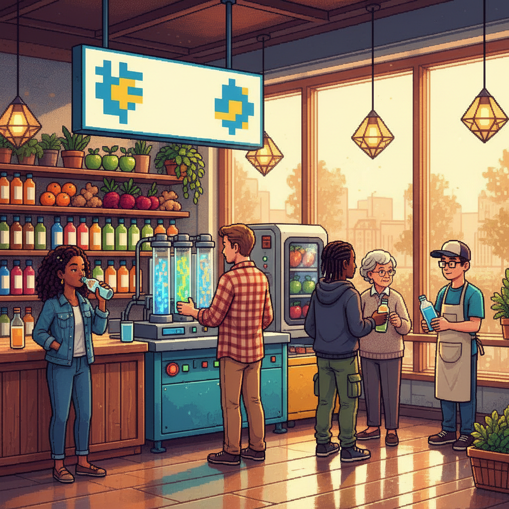 A clean, brightly lit modern grocery aisle where diverse shoppers in casual linen and denim clothing are examining vibrant, colorful glass bottles of cold-pressed juice; the atmosphere is airy and high-end, focusing on fresh premium produce.