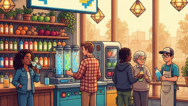 A clean, brightly lit modern grocery aisle where diverse shoppers in casual linen and denim clothing are examining vibrant, colorful glass bottles of cold-pressed juice; the atmosphere is airy and high-end, focusing on fresh premium produce.