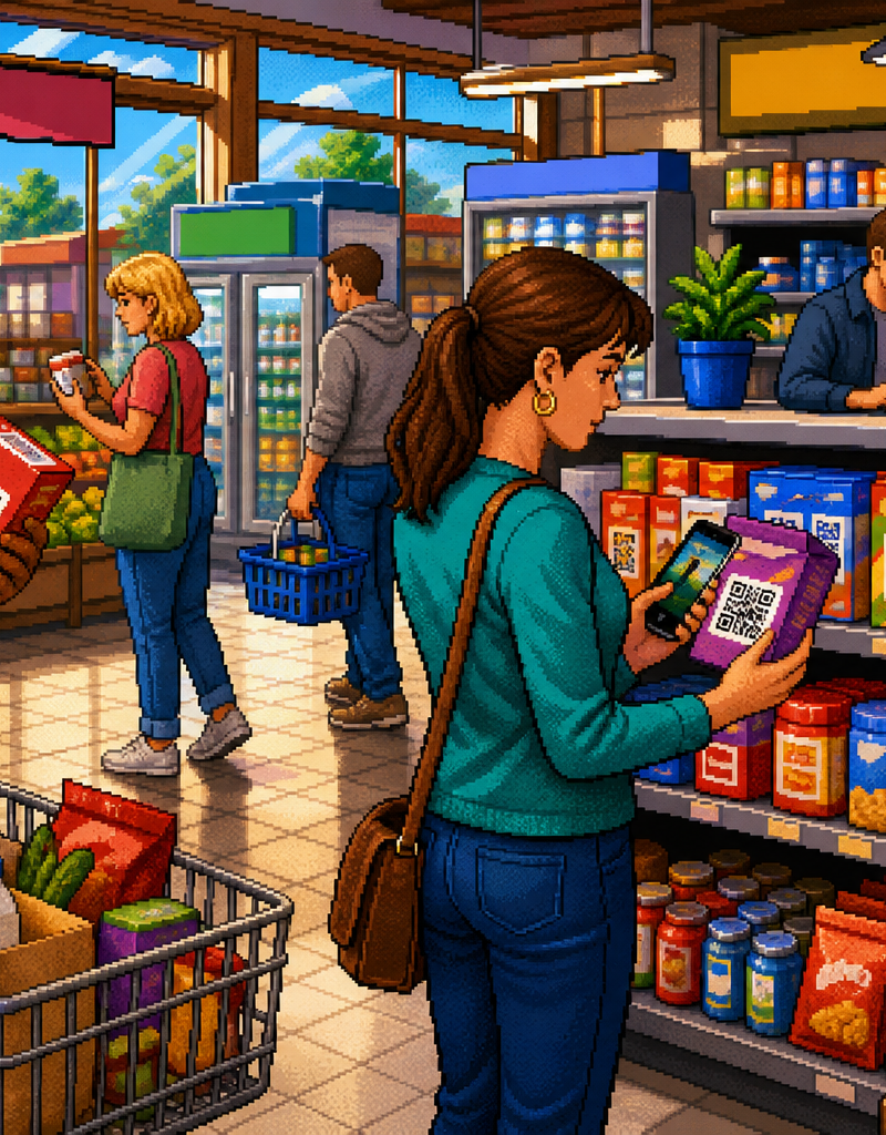 Smartphone scanning a QR code on a food product package in a grocery store aisle