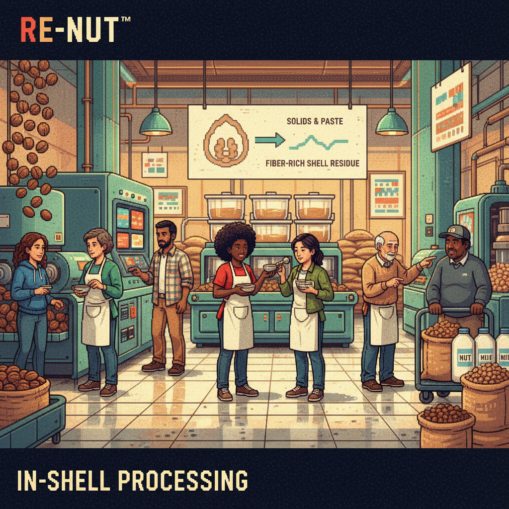 Pixel-art almond grove at harvest with a diverse group of workers shaking branches, raking and gathering nuts into crates and baskets