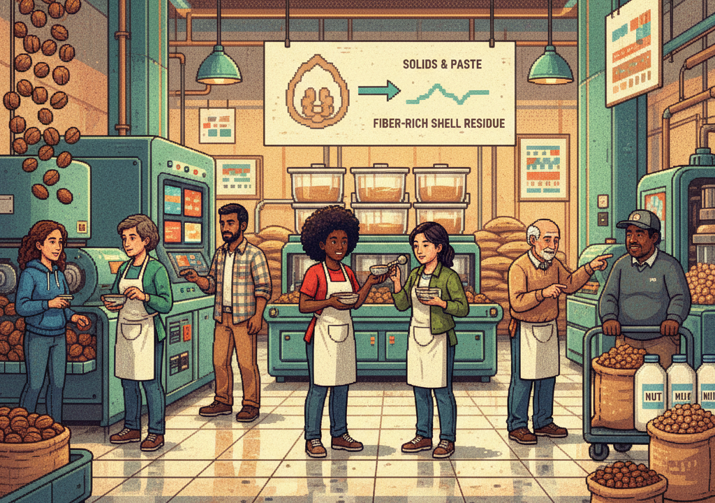 Pixel-art almond grove at harvest with a diverse group of workers shaking branches, raking and gathering nuts into crates and baskets
