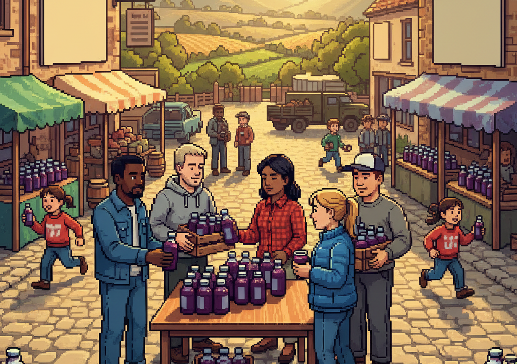 A pixel-art scene of a stylized blackcurrant bush with ripe berries, set against a backdrop of a pastoral British landscape under a soft, diffused light.