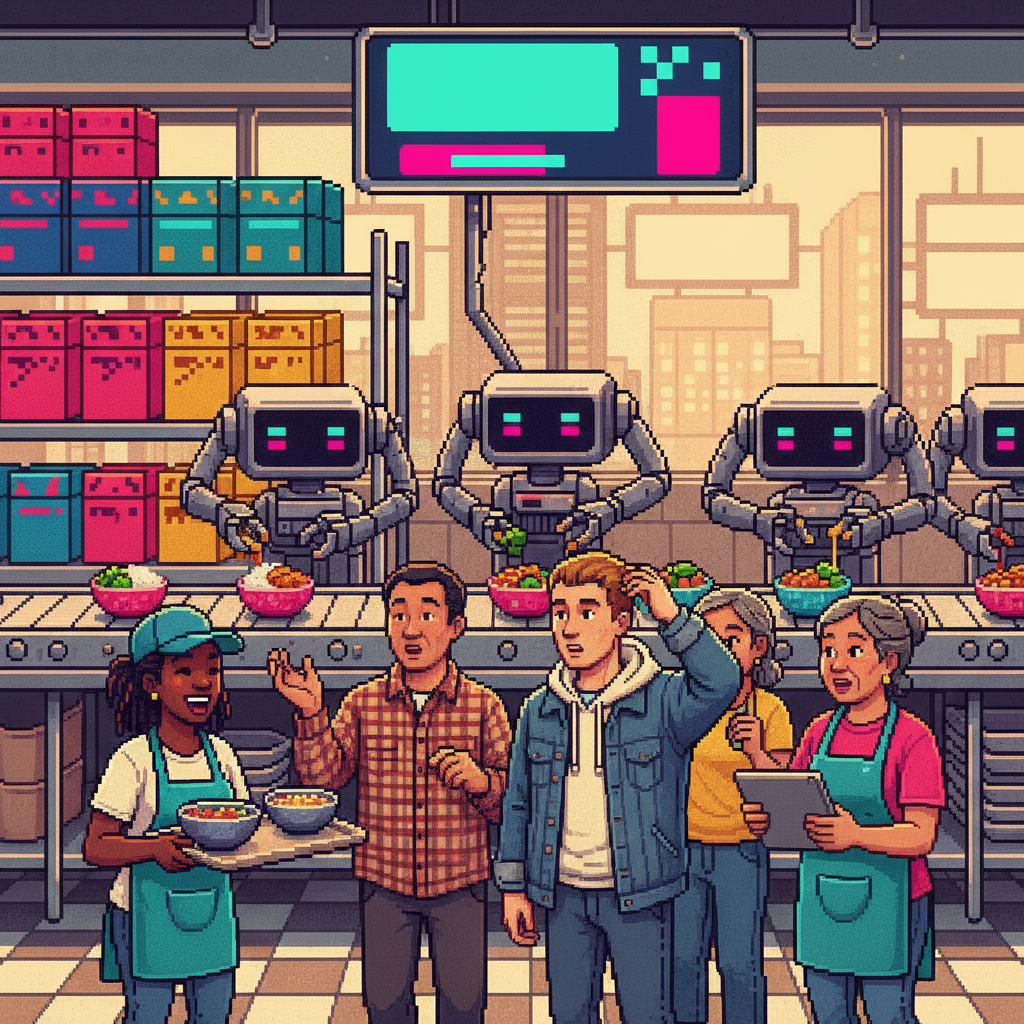A wide pixel-art scene of an airy fast-casual restaurant where a sleek robotic arm deposits quinoa and kale into bowls while diverse customers watch through a glass partition and pick up their orders from digital lockers.