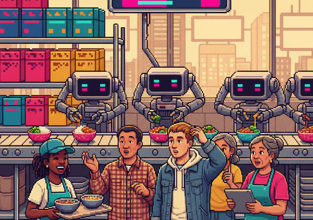 A wide pixel-art scene of an airy fast-casual restaurant where a sleek robotic arm deposits quinoa and kale into bowls while diverse customers watch through a glass partition and pick up their orders from digital lockers.