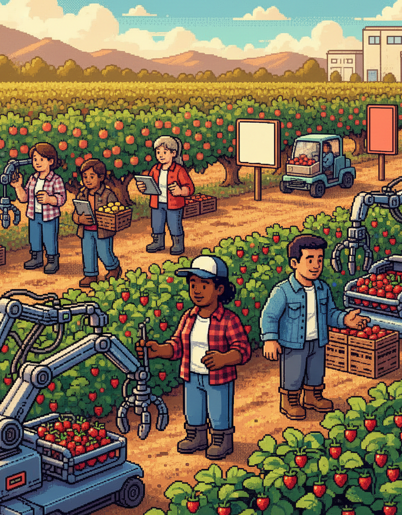 A diverse group of modern agricultural engineers and farm managers in casual outdoor gear standing in a sun-drenched California raspberry field, observing a sleek, multi-armed autonomous robot gently plucking ripe berries into crates.