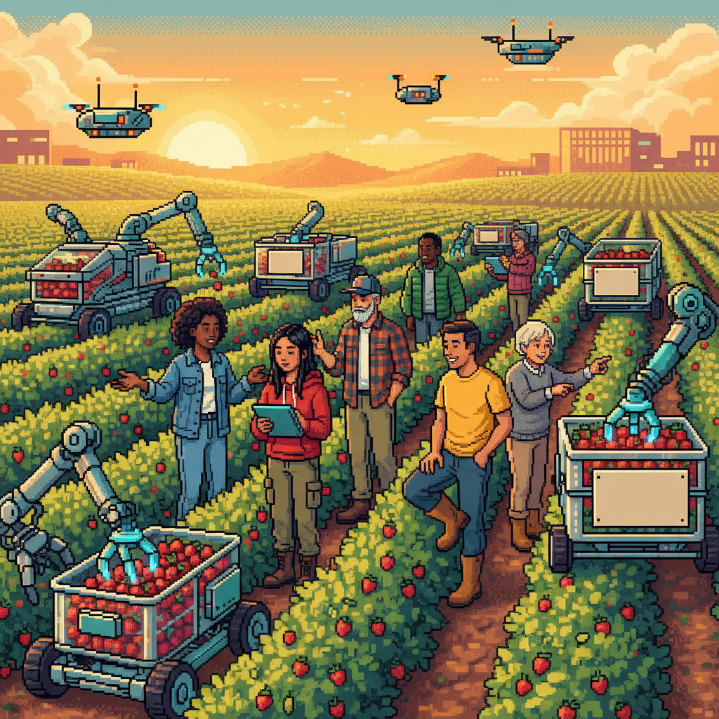 A diverse group of modern agricultural engineers and farm managers in casual outdoor gear standing in a sun-drenched California raspberry field, observing a sleek, multi-armed autonomous robot gently plucking ripe berries into crates.