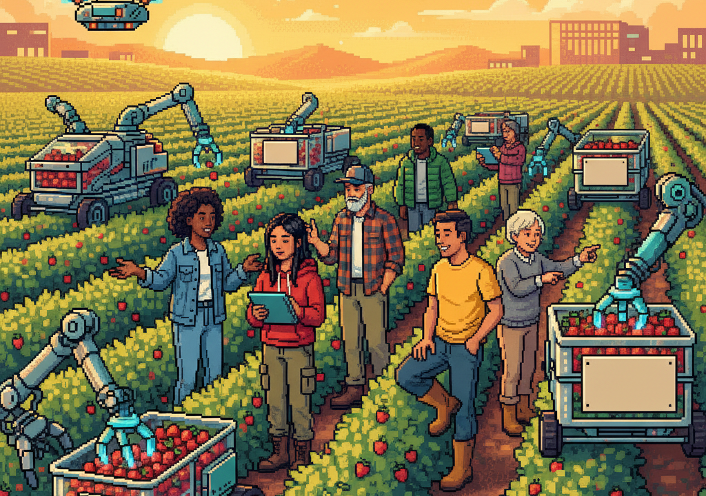 A diverse group of modern agricultural engineers and farm managers in casual outdoor gear standing in a sun-drenched California raspberry field, observing a sleek, multi-armed autonomous robot gently plucking ripe berries into crates.