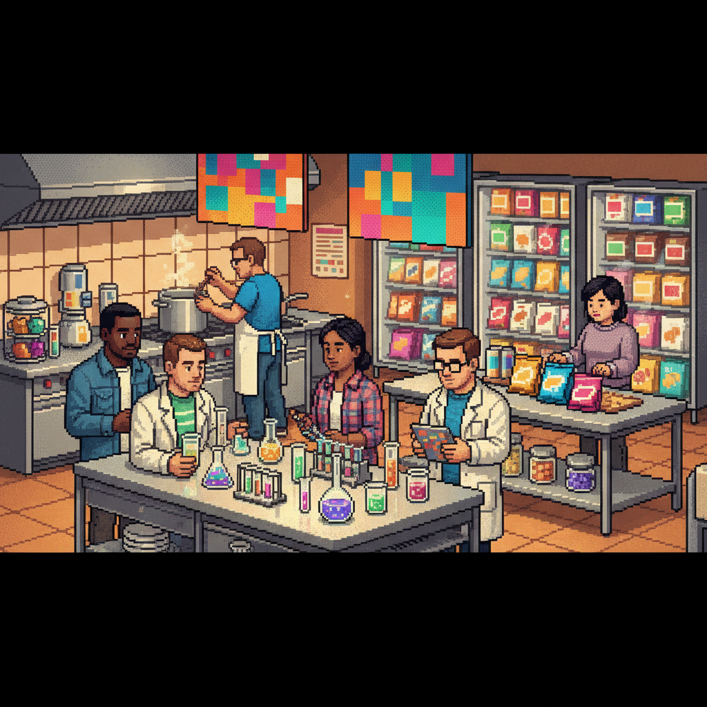 A bustling modern snack manufacturing facility where diverse workers in white coats monitor high-tech mineral blending machines near a conveyor belt of savory crisps.