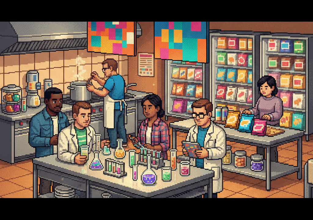 A bustling modern snack manufacturing facility where diverse workers in white coats monitor high-tech mineral blending machines near a conveyor belt of savory crisps.
