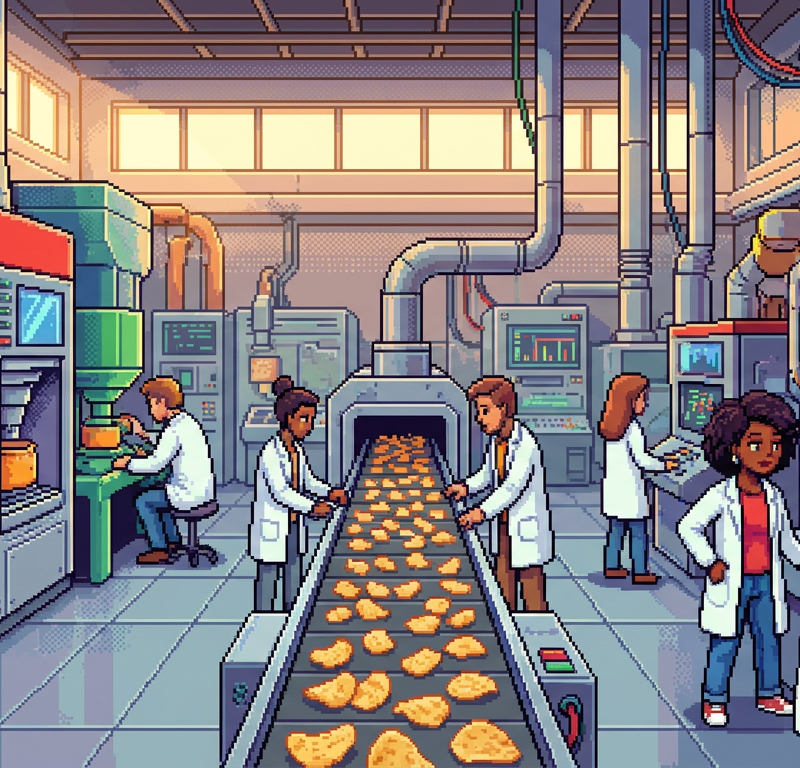 A bustling modern snack manufacturing facility where diverse workers in white coats monitor high-tech mineral blending machines near a conveyor belt of savory crisps.