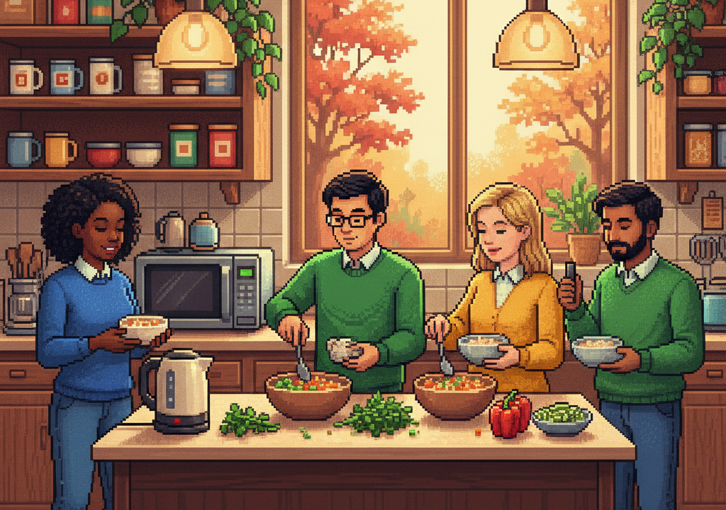 Coworkers preparing savory oat lunches in a busy office kitchen