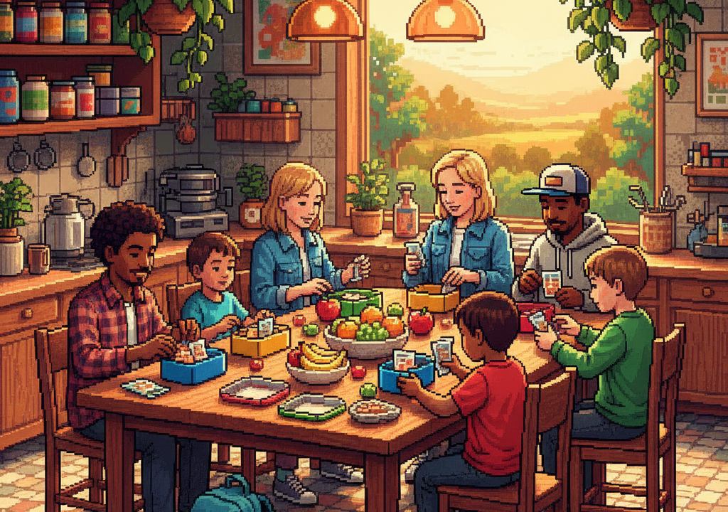 Families assembling lunchboxes around a busy kitchen table