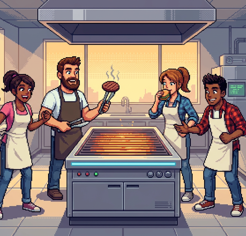 A group of diverse young professional chefs in a modern test kitchen excitedly sampling golden, sizzling burger patties from a high-tech grill, surrounded by stainless steel equipment and glowing bioreactor tanks in the background.