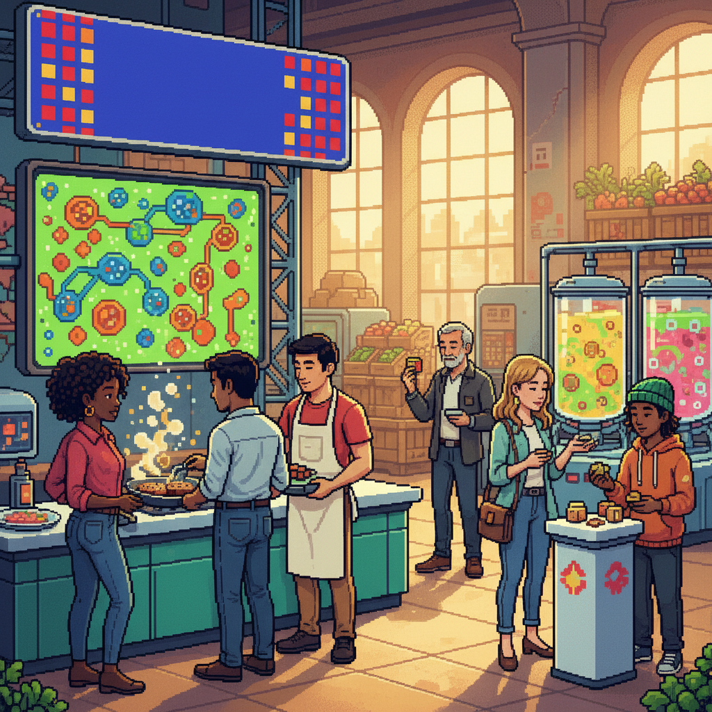 A group of diverse young professional chefs in a modern test kitchen excitedly sampling golden, sizzling burger patties from a high-tech grill, surrounded by stainless steel equipment and glowing bioreactor tanks in the background.