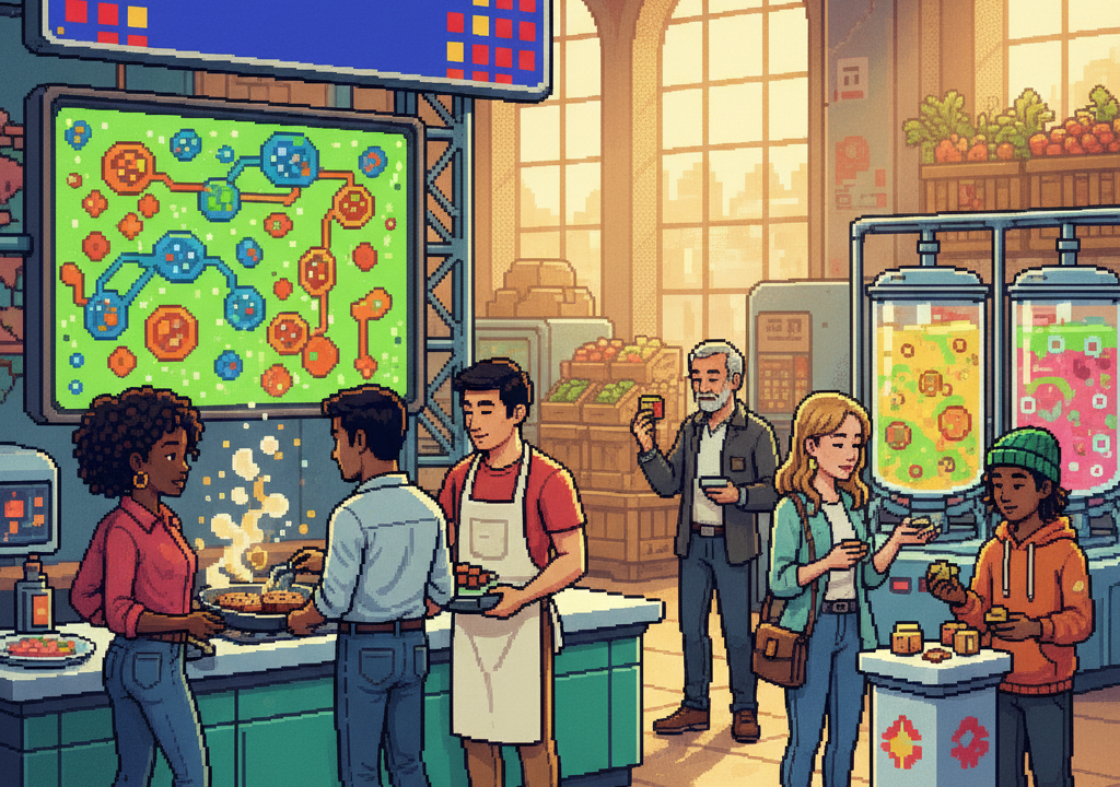 A group of diverse young professional chefs in a modern test kitchen excitedly sampling golden, sizzling burger patties from a high-tech grill, surrounded by stainless steel equipment and glowing bioreactor tanks in the background.