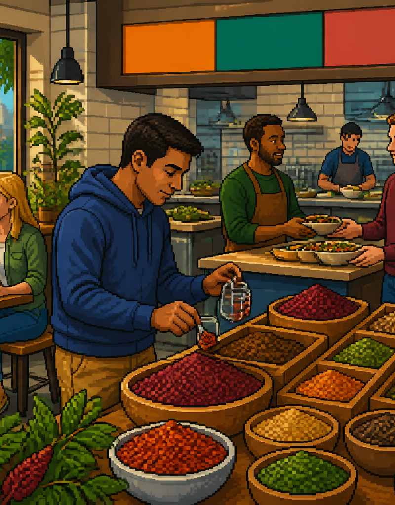 Pixel-art Levantine spice merchant scooping crimson sumac from a burlap sack in a sunlit market stall