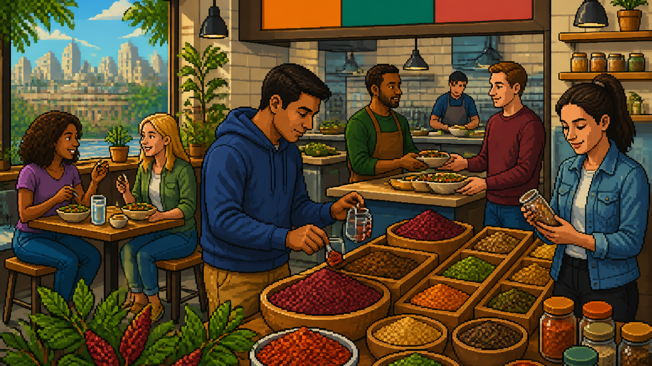 Pixel-art Levantine spice merchant scooping crimson sumac from a burlap sack in a sunlit market stall