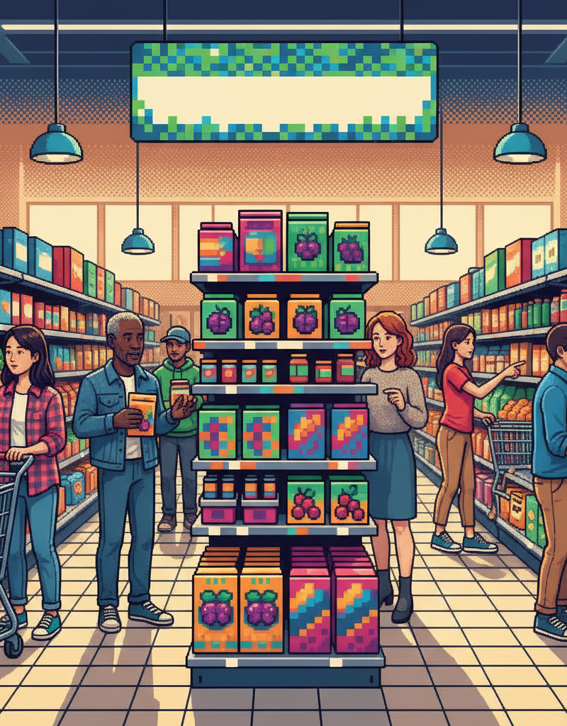 A diverse group of young professionals in a bright, modern glass-walled office lounge, socialising and tasting vibrant clear functional beverages from minimalist cans while a barista prepares botanical infusions in the background.