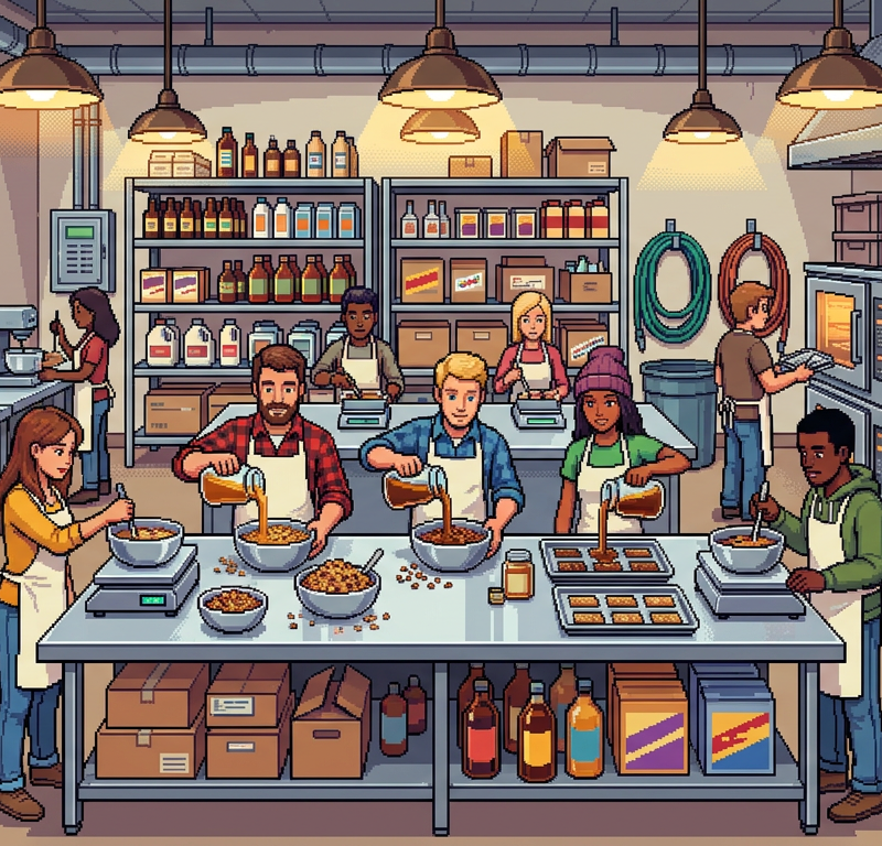 A diverse group of food product developers and kitchen staff in modern casual clothing standing around a stainless steel counter, pouring dark golden syrup from glass jars into granola mixes and energy bar molds in a brightly lit industrial kitchen.
