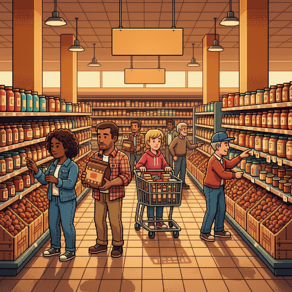 A diverse group of food product developers and kitchen staff in modern casual clothing standing around a stainless steel counter, pouring dark golden syrup from glass jars into granola mixes and energy bar molds in a brightly lit industrial kitchen.