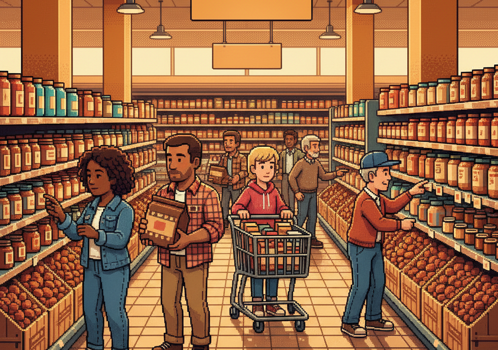 A diverse group of food product developers and kitchen staff in modern casual clothing standing around a stainless steel counter, pouring dark golden syrup from glass jars into granola mixes and energy bar molds in a brightly lit industrial kitchen.
