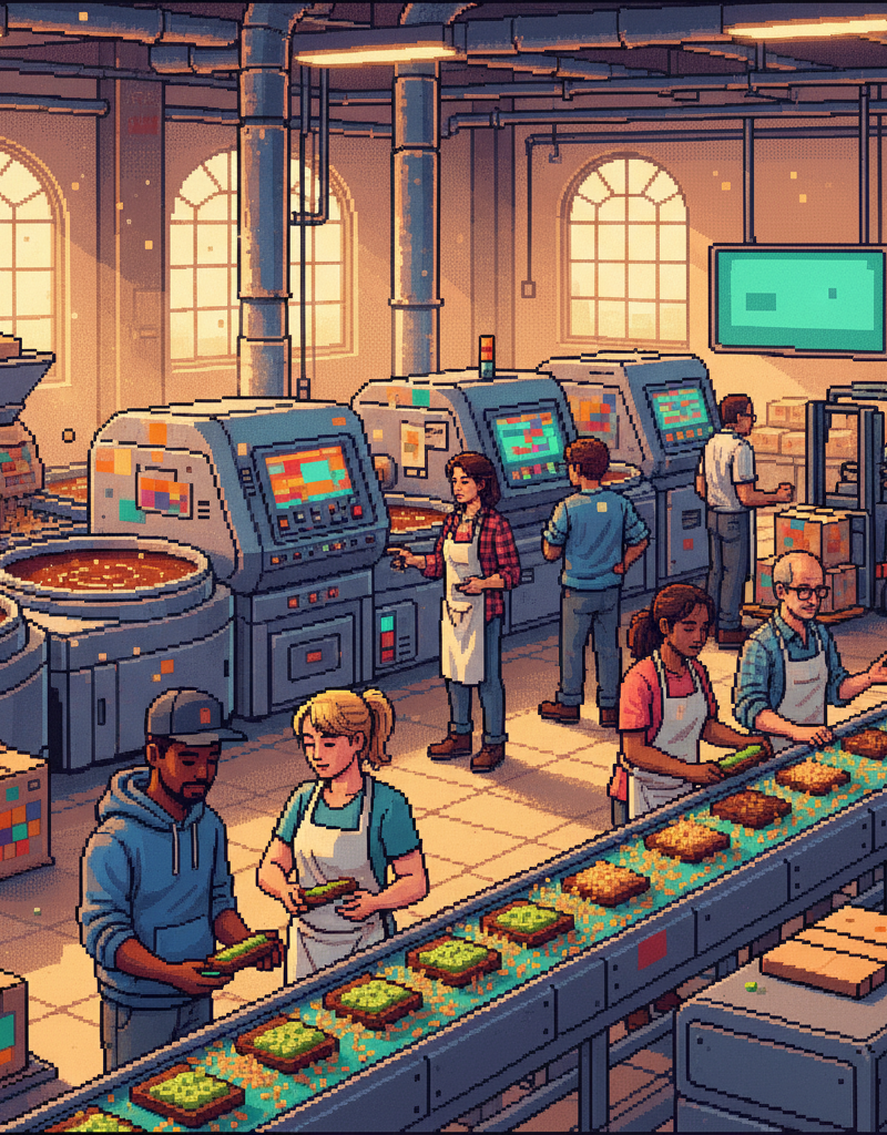 A diverse group of middle-aged and young adult professionals in a sunlit modern food hall, sharing large artisanal chocolate bars with vibrant green fillings and laughing while taking photos of the textured interior of the sweets.