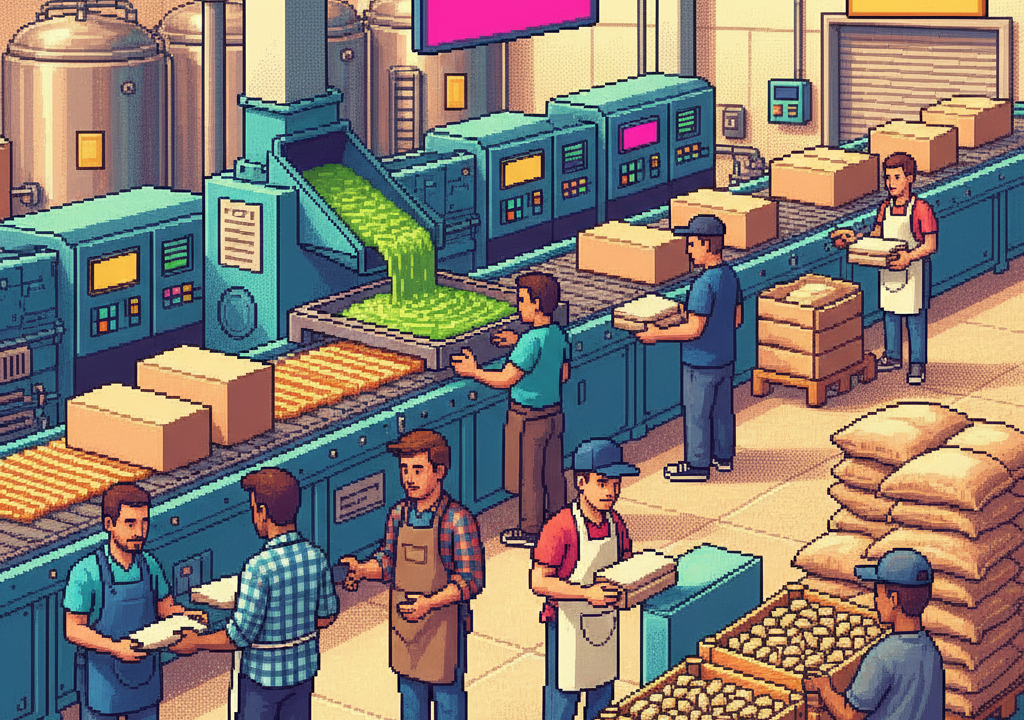 A diverse group of middle-aged and young adult professionals in a sunlit modern food hall, sharing large artisanal chocolate bars with vibrant green fillings and laughing while taking photos of the textured interior of the sweets.