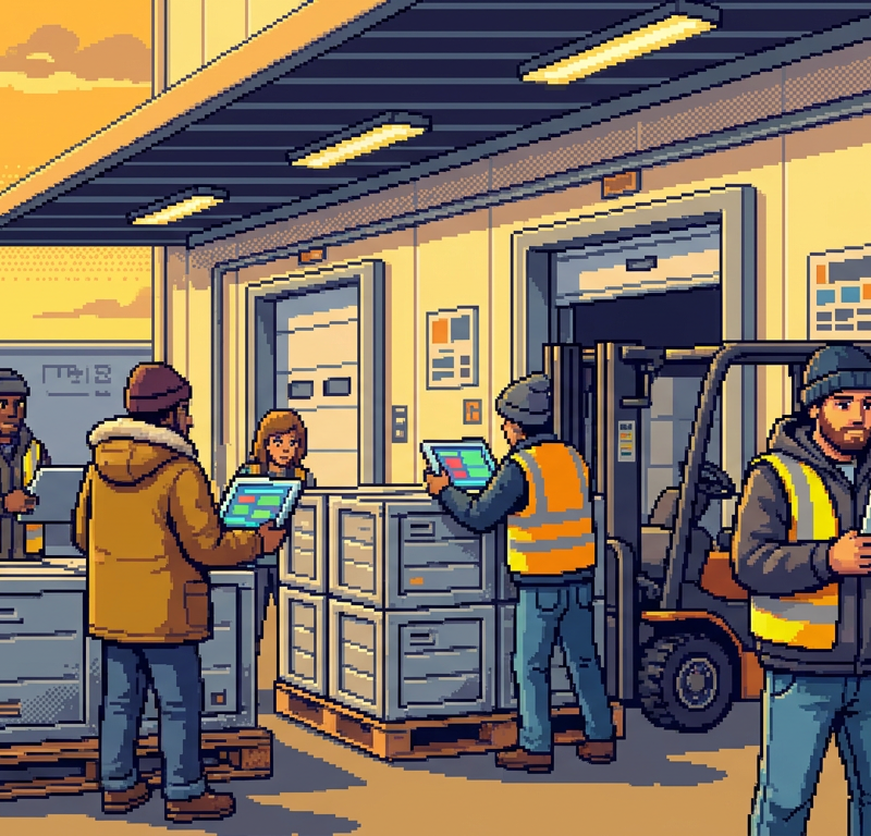 An industrial cold storage loading dock where workers in hi-vis vests use tablets to monitor glowing digital sensors on crates of fresh vegetables, pixel art style.