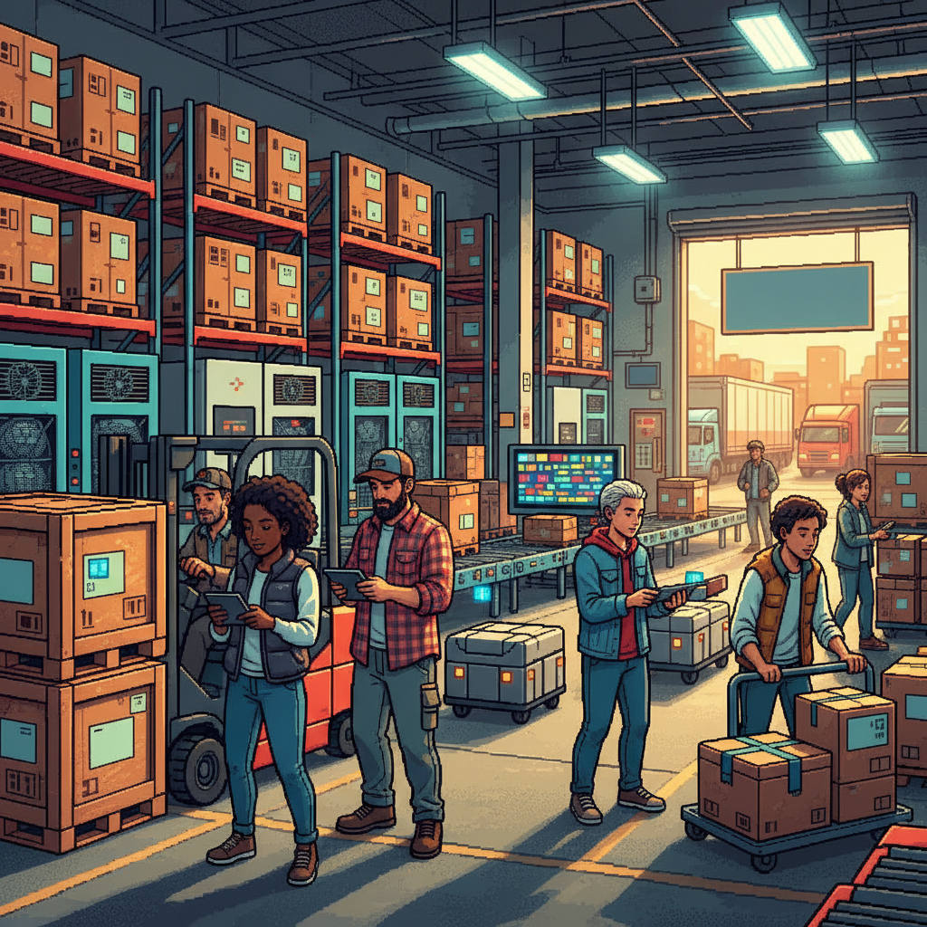An industrial cold storage loading dock where workers in hi-vis vests use tablets to monitor glowing digital sensors on crates of fresh vegetables, pixel art style.