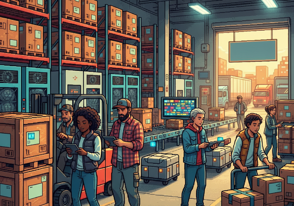 An industrial cold storage loading dock where workers in hi-vis vests use tablets to monitor glowing digital sensors on crates of fresh vegetables, pixel art style.