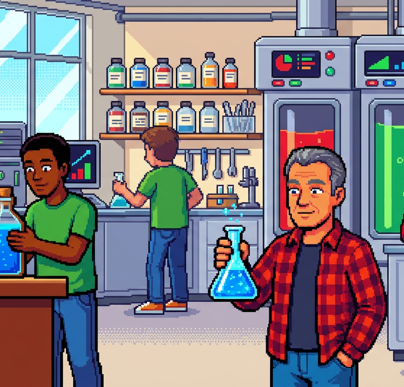 A diverse group of culinary scientists in a modern laboratory wear casual street clothes while examining vibrant blue yogurt and bright azure sparkling beverages in glass bottles; the scene features high-tech bioreactors in the background and a clean, minimalist aesthetic.