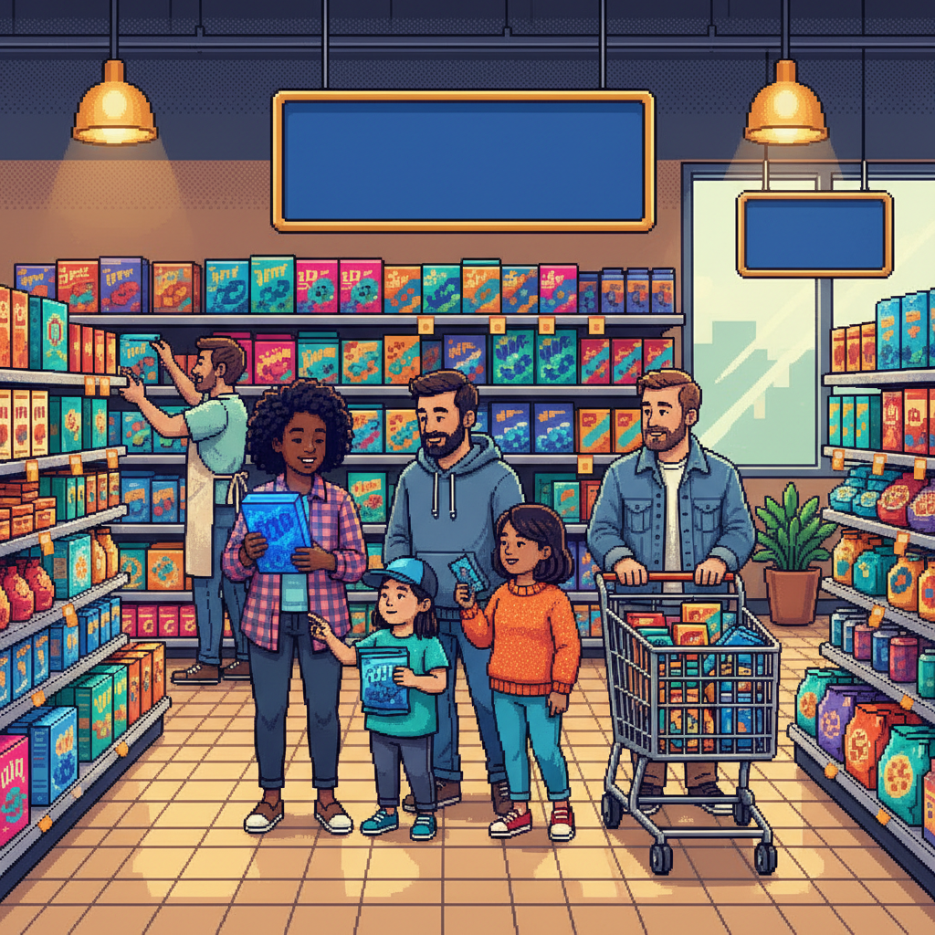 A diverse group of culinary scientists in a modern laboratory wear casual street clothes while examining vibrant blue yogurt and bright azure sparkling beverages in glass bottles; the scene features high-tech bioreactors in the background and a clean, minimalist aesthetic.