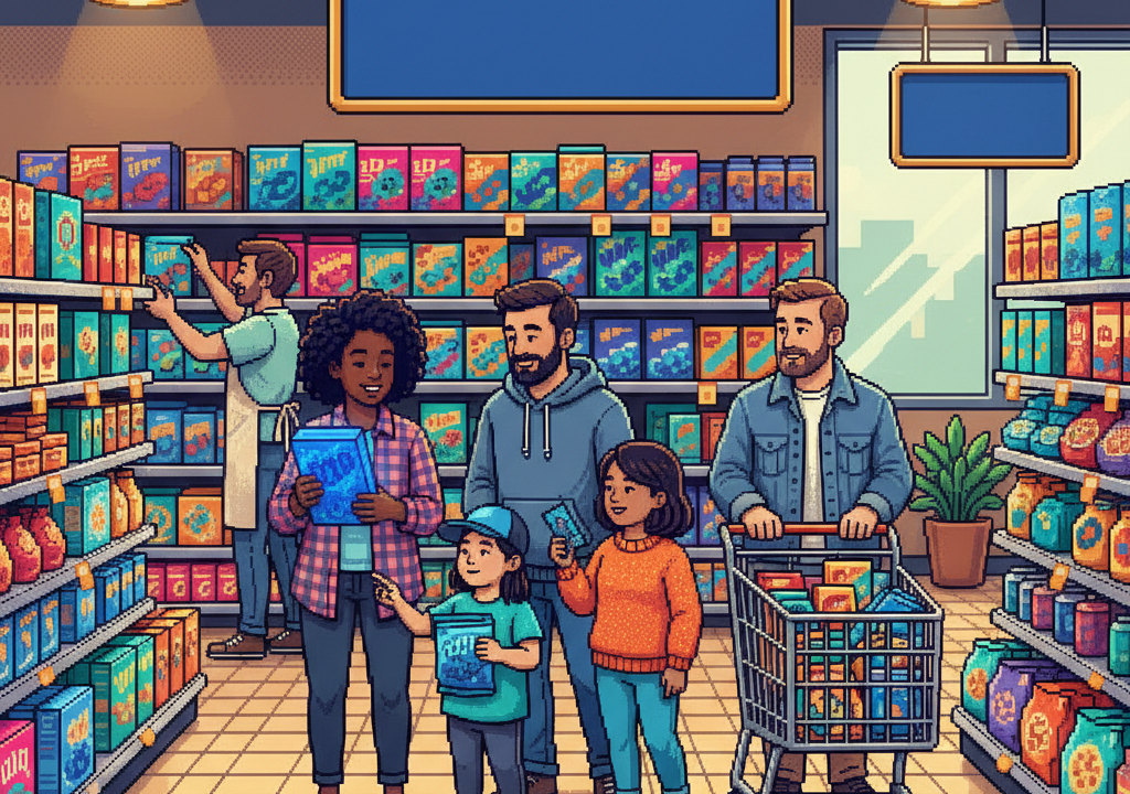 A diverse group of culinary scientists in a modern laboratory wear casual street clothes while examining vibrant blue yogurt and bright azure sparkling beverages in glass bottles; the scene features high-tech bioreactors in the background and a clean, minimalist aesthetic.