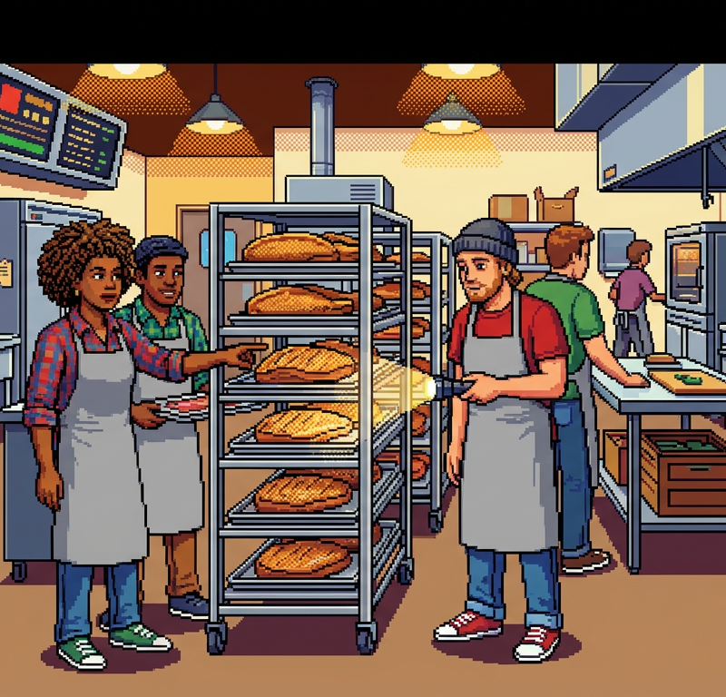 A diverse group of chefs in a modern industrial kitchen inspecting golden-brown, Koji-crusted meat slabs on stainless steel racks, wearing contemporary grey aprons.