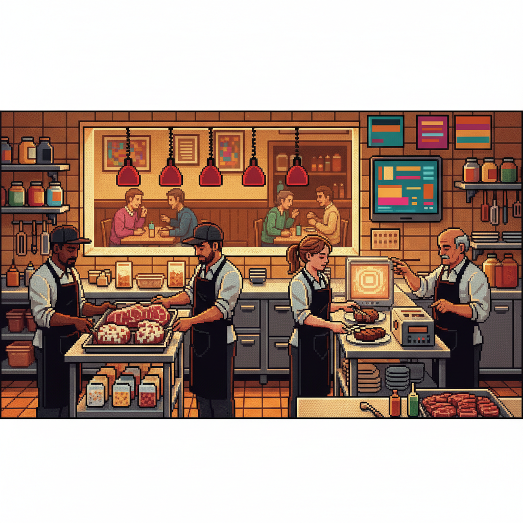 A diverse group of chefs in a modern industrial kitchen inspecting golden-brown, Koji-crusted meat slabs on stainless steel racks, wearing contemporary grey aprons.