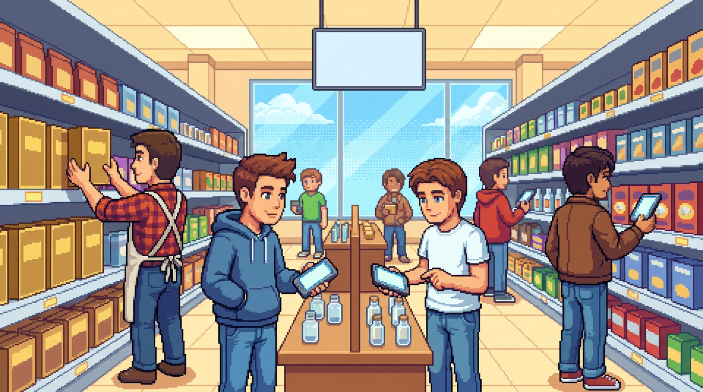 A modern retail scene featuring diverse shoppers in a high-end grocery aisle examining small glass spice vials with digital scanners, while a store clerk restocks shelves with minimalist gold-labeled boxes.