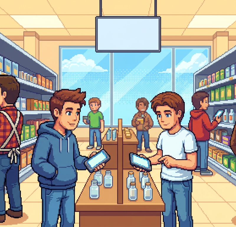 A modern retail scene featuring diverse shoppers in a high-end grocery aisle examining small glass spice vials with digital scanners, while a store clerk restocks shelves with minimalist gold-labeled boxes.