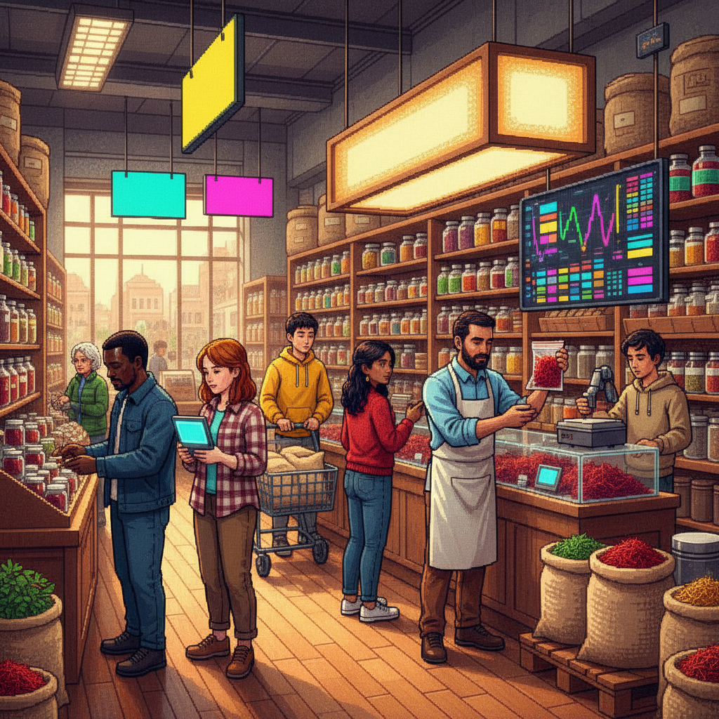 A modern retail scene featuring diverse shoppers in a high-end grocery aisle examining small glass spice vials with digital scanners, while a store clerk restocks shelves with minimalist gold-labeled boxes.