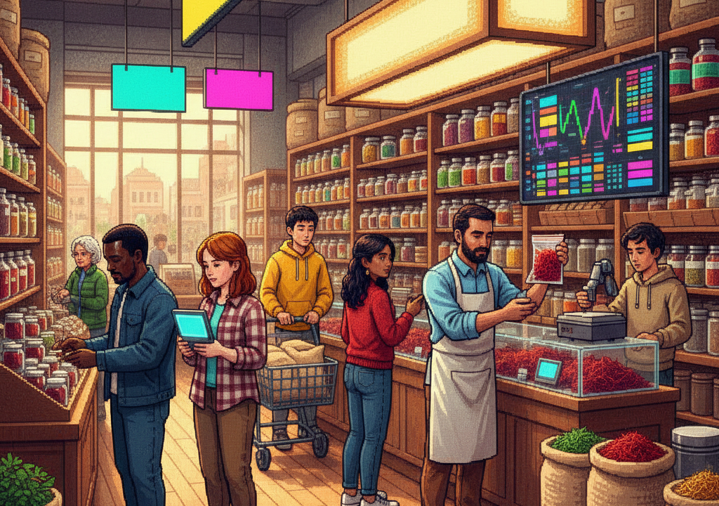 A modern retail scene featuring diverse shoppers in a high-end grocery aisle examining small glass spice vials with digital scanners, while a store clerk restocks shelves with minimalist gold-labeled boxes.