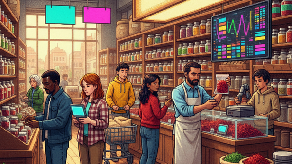 A modern retail scene featuring diverse shoppers in a high-end grocery aisle examining small glass spice vials with digital scanners, while a store clerk restocks shelves with minimalist gold-labeled boxes.