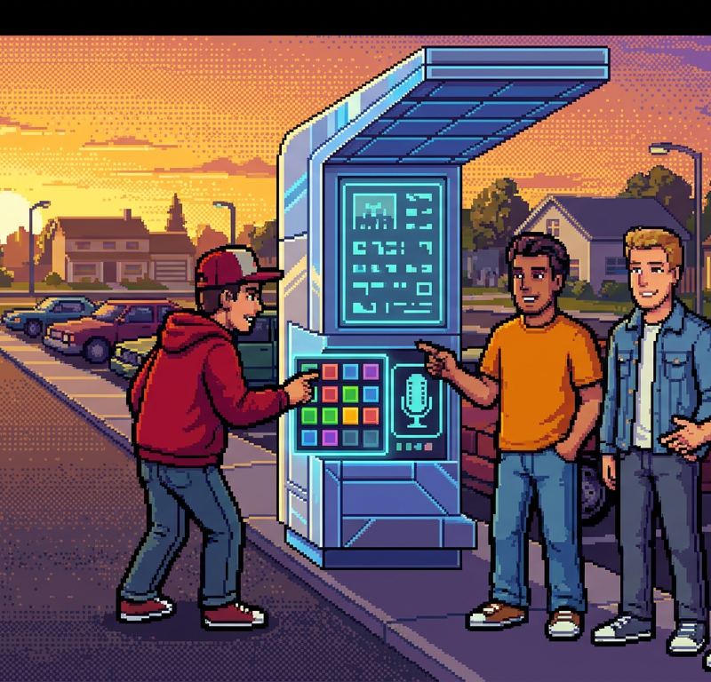 Five diverse friends in casual summer streetwear standing near a sleek, futuristic drive-thru kiosk with a glowing digital interface, one person speaking into the terminal, vibrant suburban sunset background, pixel art style.