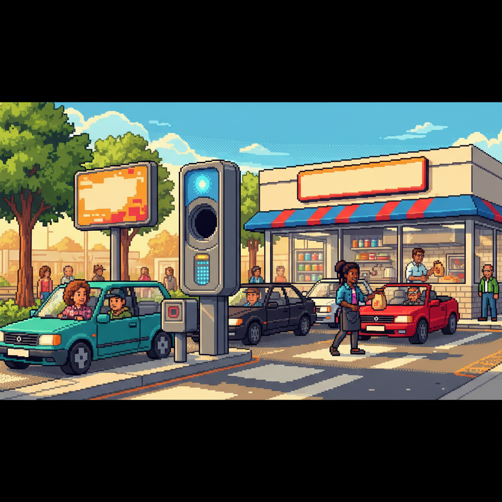 Five diverse friends in casual summer streetwear standing near a sleek, futuristic drive-thru kiosk with a glowing digital interface, one person speaking into the terminal, vibrant suburban sunset background, pixel art style.
